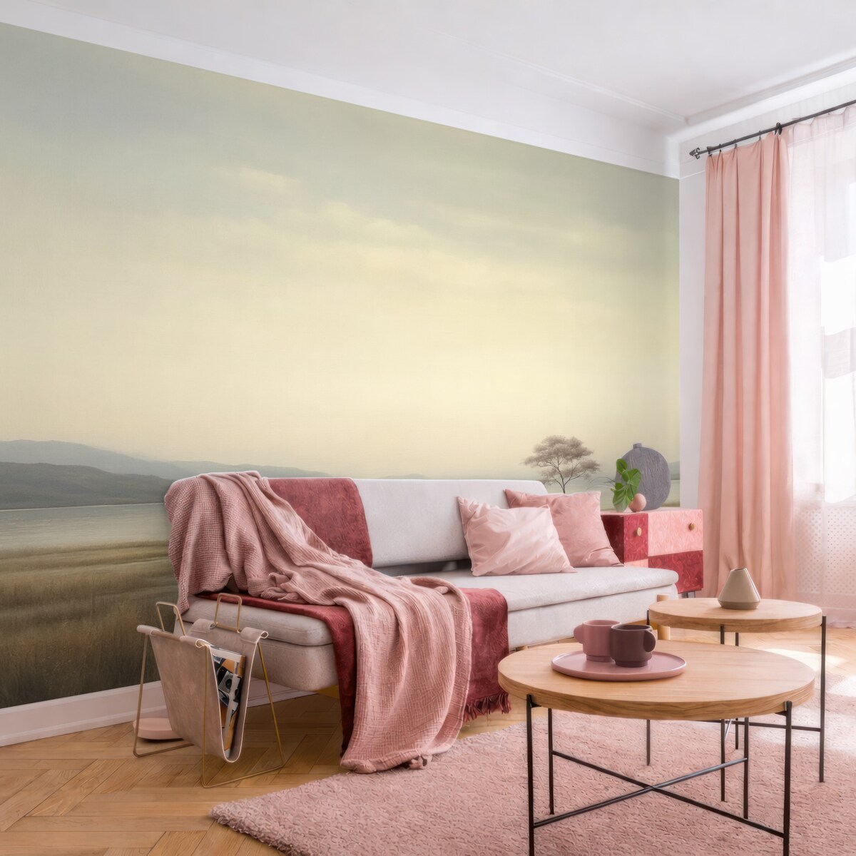 Fototapeta Ciszy krajobraz z osamotnionym różowym drzewem.