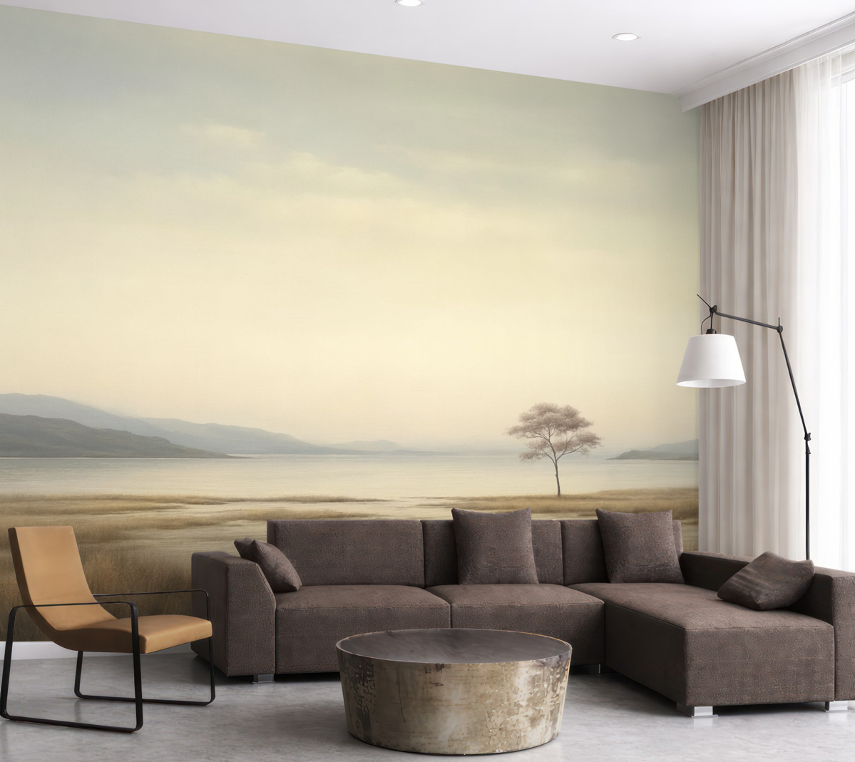 Fototapeta Ciszy krajobraz z osamotnionym różowym drzewem.